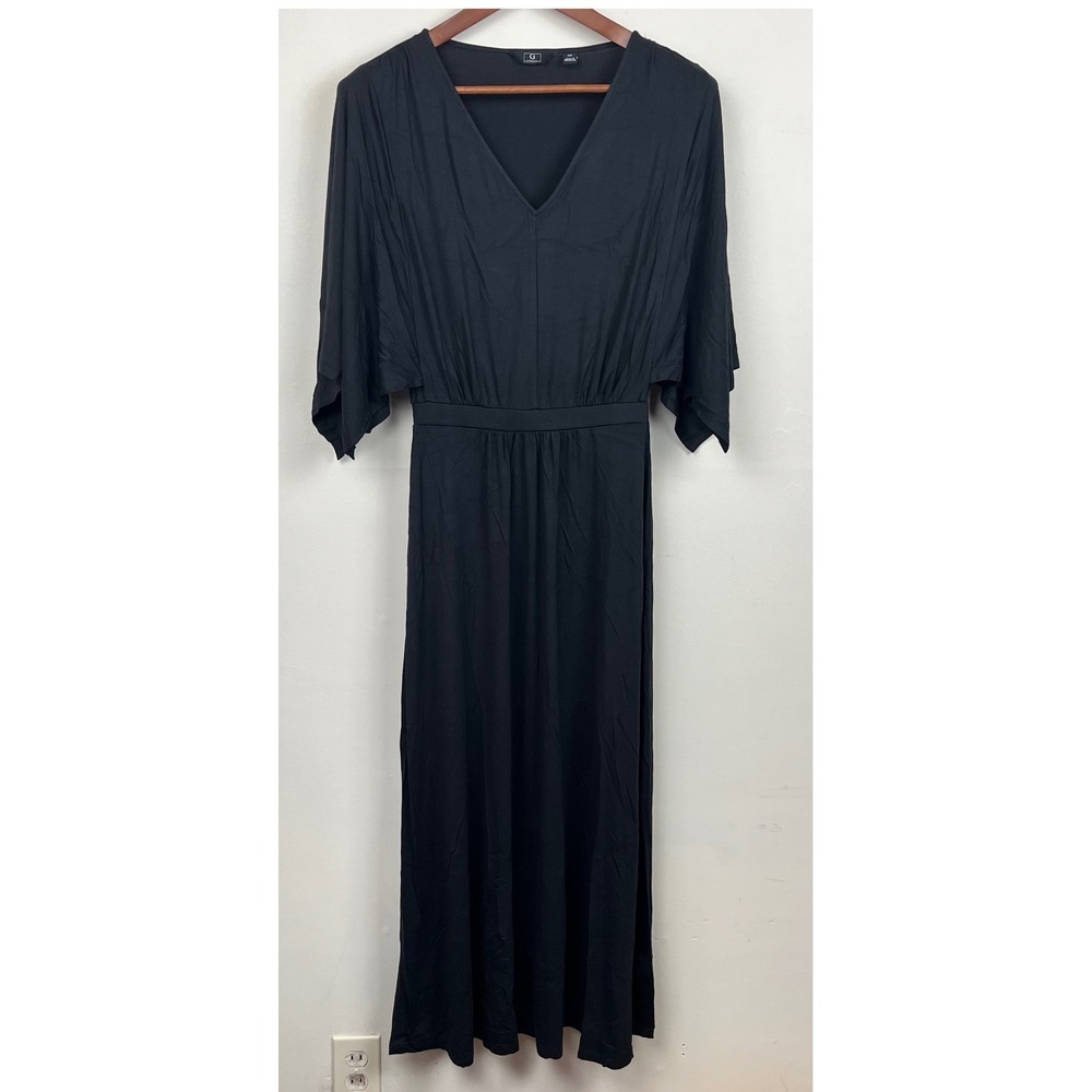 G by Giuliana Black V-Neck Flutter Sleeve EcoVero Maxi Dress XSP Brand New